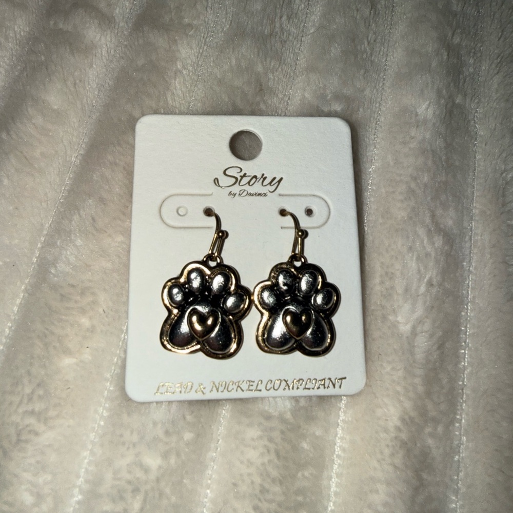 Gold Paw Print Heart Drop Earrings
